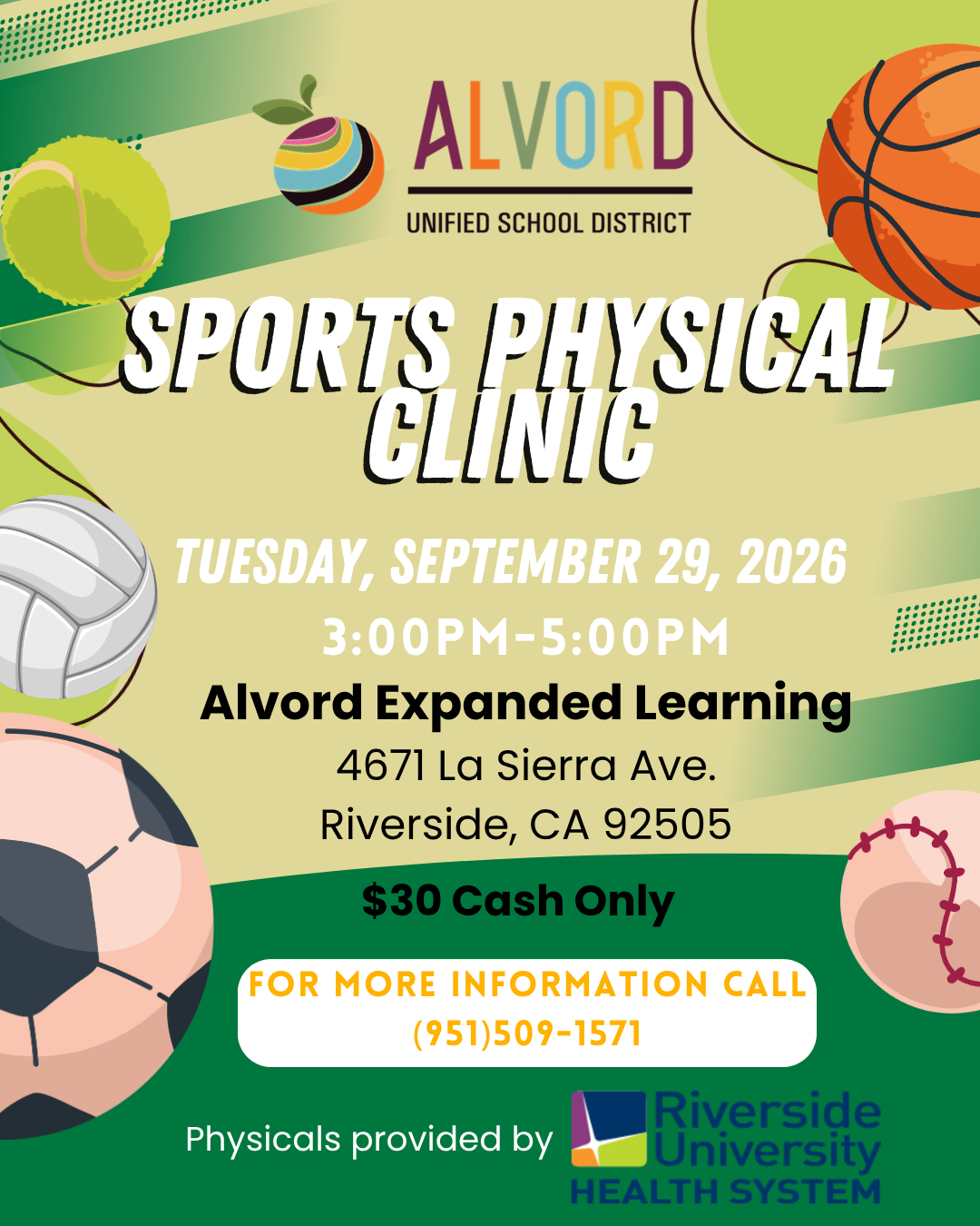 A promotional flyer for an Alvord Unified School District Sports Physical Clinic on Tuesday, September 29, 2026, featuring sports balls and event details.